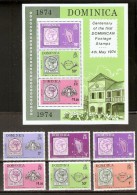 SERIE COMPLETA DE 6 SELLOS Y 1 HOJA BLOQUE DEL CENTENARIO DEL SELLO DEL AÑO 1974  (NUEVOS-MINT) - Dominica (1978-...)