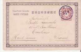 SUPERBE AFFRANCHISSEMENT BLEU VIOLET TIENTSIN I J P A (CHINE) SUR  TIMBRE JAPONAIS 1903 (CARTE ENVOYEE A TOULOUSE FRANCE - Storia Postale