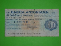 Italy,100 Lire,cento Lire,mini Check,assegno Circolare,banca Antoniana,Padova E Trieste,banknote,paper Money,bill,geld - [10] Chèques