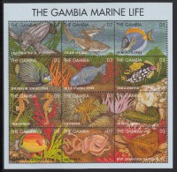 Gambia MNH Scott #1623 Sheet Of 12 Different 3d Marine Life - Turtle, Shark, Fish, Eel, Sea Horse, Octopus - Gambia (1965-...)