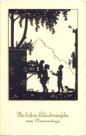 Namenstag, Kinder, Briefkasten, Scherenschnitt AK, 1936 - Silhouetkaarten