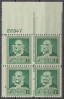 United States    Scott No  874     Mnh   Year  1940    Plate Number Block - Ungebraucht