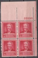 United States    Scott No  875     Mnh   Year  1940    Plate Number Block - Ungebraucht