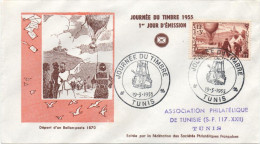 TUNISIE 388 FDC Premier Jour Enveloppe Illustrée Journée Du Timbre 1955 TUNIS Ballon Poste - Cartas & Documentos