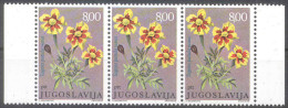 Jugoslawien – Yugoslavia 1977 Flowers 8,00 D Background Red-grey Horizontal Strip Of 3 MNH, Exp. VELICKOVIC EXP - Blocks & Sheetlets