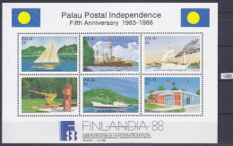 PALAU 1988; Mi: Block 3; MNH; Palau Postal Idependence, 50th Anniversary, World Philatelic Exhibition Helsinki - Exposiciones Filatélicas
