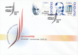 8301- ALBERT EINSTEIN, SCIENTIST, ANNIVERSARIES, DIMITRIE GUSTI, COVER FDC, 2005, ROMANIA - Albert Einstein