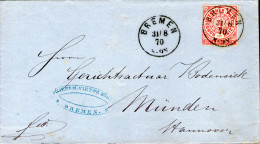 Envelop,sent From Bremen,31.08.1870,to Hannover  Via Ausg01.09.1870,as Scan - Lettres & Documents