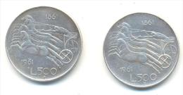 ITALIA REPUBBLICA  COPPIA DI 500 LIRE COMMEMORATIVA 1° CENTENARIO UNITA' D' ITALIA ANNO 1961 ARGENTO - Commémoratives