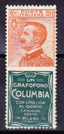 Italien 20 Cent. Orange Mit Werbung Grün "Grafofono Columbia" ** - Timbres Pour Envel. Publicitaires (BLP)