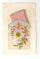 Carte Système Brodée : Pochette Amovible Rose Bords Dorés -dans Tissus Brodé Fleurs - Trèfle 4 Feuilles + Fer Cheval - Embroidered