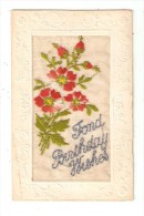 Carte  Brodée - Fond Birthday Wishes : Fleurs Rouges & Texte Brodés - Embroidered