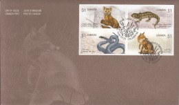 Canada FDC Scott #2177a Block Of 4 51c Newfoundland Marten, Blotched Tiger Salamander, Blue Racer Snake, Swift Fox - 2001-2010