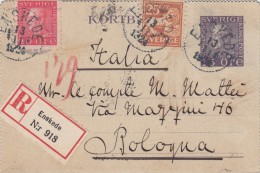 Enskede, Svezia. To Bologna. Raccomandata Intero Postale 1922 - Ganzsachen