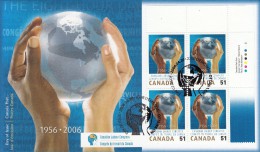 Canada FDC Scott #2149 Upper Right Plate Block 51c Hands Holding Globe - Canadian Labour Congress 50th Ann - 2001-2010