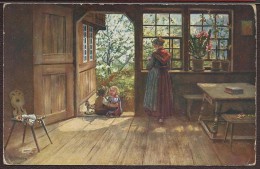 TABLEAU DE H HOFFMANN / SCENE DE VIE / INTERIEUR DE MAISON / FEMME REGARDE ENFANTS ASSIS SUR PAS DE PORTE - Hoffmann, Ad.