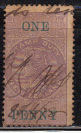 New Zealand Used One Penny Watermark NZ 1867 Perf., Adhesive, Lilac / Green Type ?, Fiscal, Revenue, - Postal Fiscal Stamps