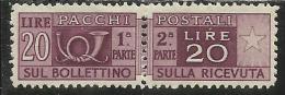 ITALY REPUBLIC ITALIA REPUBBLICA 1946 - 1951 PACCHI POSTALI PARCEL POST LIRE 20 LILLA VIOLACEO RUOTA WHEEL MNH CENTRATO - Paketmarken