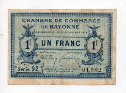 Billet Chambre De Commerce De Bayonne - 1 Fr - 1919 - Série 92 - Sans Filigrane - Chamber Of Commerce