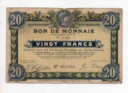 Bon De Monnaie Villes De Roubaix Et De Tourcoing 20 Frs Délibération 27 Mars1917, 9° Série - Filigrane Feuille N°003,656 - Bons & Nécessité