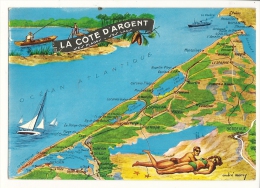 Cp, Carte Géographique, La Côte D´Argent, Voyagée - Landkarten