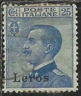 COLONIE ITALIANE EGEO 1912 LERO (LEROS) SOPRASTAMPATO D´ITALIA ITALY OVERPRINTED CENT. 25 CENTESIMI USATO USED OBLITERE´ - Aegean (Lero)