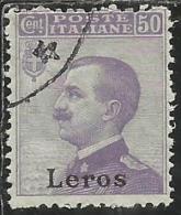 COLONIE ITALIANE EGEO 1912 LERO (LEROS) SOPRASTAMPATO D´ITALIA ITALY OVERPRINTED CENT. 50 CENTESIMI USATO USED OBLITERE´ - Aegean (Lero)