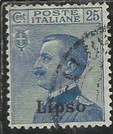 COLONIE ITALIANE EGEO 1912 LIPSO SOPRASTAMPATO D´ITALIA ITALY OVERPRINTED CENT. 25 CENTESIMI  USATO USED OBLITERE´ - Aegean (Lipso)