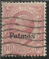 COLONIE ITALIANE EGEO 1912 PATMO (PATMOS) SOPRASTAMPATO D´ITALIA ITALY OVERPRINTED CENT. 10 CENTESIMI USATO USED - Egeo (Patmo)