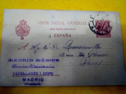 Entier Postal , Tarjeta Postal, Espagne , U.P.U , 1898  Pour Paris , Madrid Médico Direc Administrative Madrid - 1850-1931
