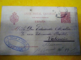 Entier Postal , Tarjeta Postal, Espagne , U.P.U ,  1898  Pour Valencia  Solano Rittwaeen , Malaga - 1850-1931