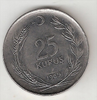Turkye 25 Kurus  1969 Km  892.3   Xf+ !!! - Turquie
