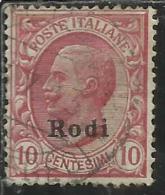 COLONIE ITALIANE EGEO 1912 RODI SOPRASTAMPATO D´ITALIA ITALY OVERPRINTED CENT. 10 CENTESIMI USATO USED OBLITERE´ - Egée (Rodi)