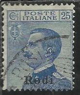COLONIE ITALIANE EGEO 1912 RODI SOPRASTAMPATO D´ITALIA ITALY OVERPRINTED CENT. 25 CENTESIMI USATO USED OBLITERE´ - Ägäis (Rodi)
