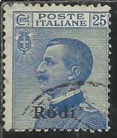 COLONIE ITALIANE EGEO 1912 RODI SOPRASTAMPATO D´ITALIA ITALY OVERPRINTED CENT. 25 CENTESIMI USATO USED OBLITERE´ - Egée (Rodi)