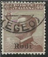 COLONIE ITALIANE EGEO 1912 RODI SOPRASTAMPATO D´ITALIA ITALY OVERPRINTED CENT. 40 CENTESIMI USATO USED OBLITERE´ - Ägäis (Rodi)