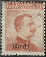 COLONIE ITALIANE EGEO 1917 RODI SOPRASTAMPATO D´ITALIA ITALY OVERPRINTED CENT. 20 NO FILIGRANA UNWATERMARK  USATO USED - Egée (Rodi)
