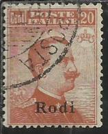 COLONIE ITALIANE EGEO 1918 1922 RODI SOPRASTAMPATO D´ITALIA ITALY OVERPRINTED CENT. 20 FILIGRANA WATERMARK  USATO USED - Aegean (Rodi)