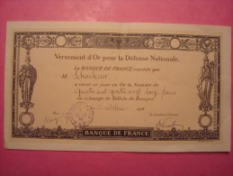 BANQUE DE FRANCE . VERSEMENT D'OR POUR LA DEFENSE NATIONALE  1916 . CACHET TRESOR ET POSTES 42 DU 23.10.16 - A - C