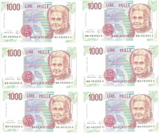 ITALIA BANCONOTA DA LIRE 1000 FDS MONTESSORI 6 BANCONOTE CONSECUTIVE SERIE ND 483653 E A ND 483658 E - 1.000 Lire