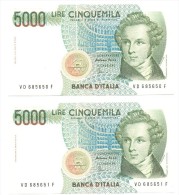 ITALIA N° 2 BANCONOTE CONSECUTIVE DA LIRE 5000  BELLINI SERIE VD 685650 F VD 685651 F  FDS - 5000 Lire