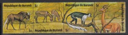 Burundi Used Scott #482 Strip Of 4 5fr White-tailed Gnu, African Wild Asses, Black-and-white Colobus Monkey, Gerenuk - Gebraucht