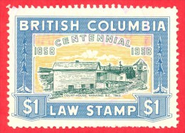 Canada British Columbia Revenue # BLC49 1 Dollar - O - Dated  1958 - Law Stamp  (Centennial) /  Timbre De Loi (100e) - Steuermarken
