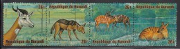 Burundi Used Scott #C222 Strip Of 4 26fr Dama Gazelle, Black-backed Jackal, Sitatungas, Zebra Antelope - Wildlife - Used Stamps