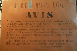 87 - MAGNAC LAVAL - AFFICHE MAIRIE -AVIS DES FOIRES GRASSES 1892- DOCTEUR DUBRAC MAIRE -IMPRIMEUR TH.CLOCHARD BELLAC - Afiches