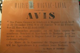 87 - MAGNAC LAVAL - AFFICHE MAIRIE -AVIS DES FOIRES GRASSES 1892- DOCTEUR DUBRAC MAIRE -IMPRIMEUR TH.CLOCHARD BELLAC - Affiches