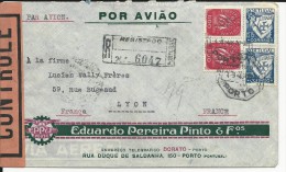 1945 - ENVELOPPE RECOMMANDEE De PORTO (PORTUGAL) Avec CENSURE FRANCAISE Pour LYON - Cartas & Documentos