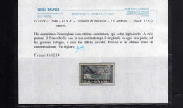 ITALIA REGNO ITALY KINGDOM REPUBBLICA SOCIALE ITALIANA 1944 GNR BRESCIA AEREA L. 2 ARDESIA MNH BEN CENTRATO CERTIFICATO - Correo Aéreo