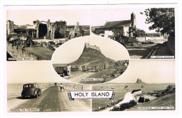 RB 1009 - Real Photo Multiview Postcard - Car On Causeway - St Mary's Church - Holy Island Northumberland - Otros & Sin Clasificación