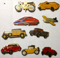 Beau Lot 9X Pins Pin's  MOYEN DE TRANSPORT VOITURE TACOT TGV TRAIN MOTO AVION - Loten